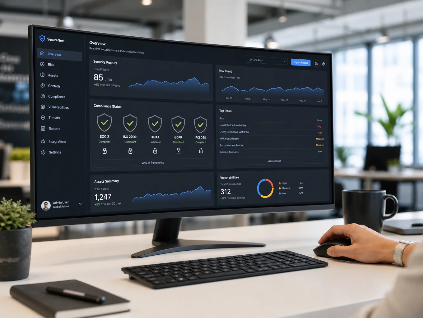 Compliance audit interface showing security status with blue gradient metrics
