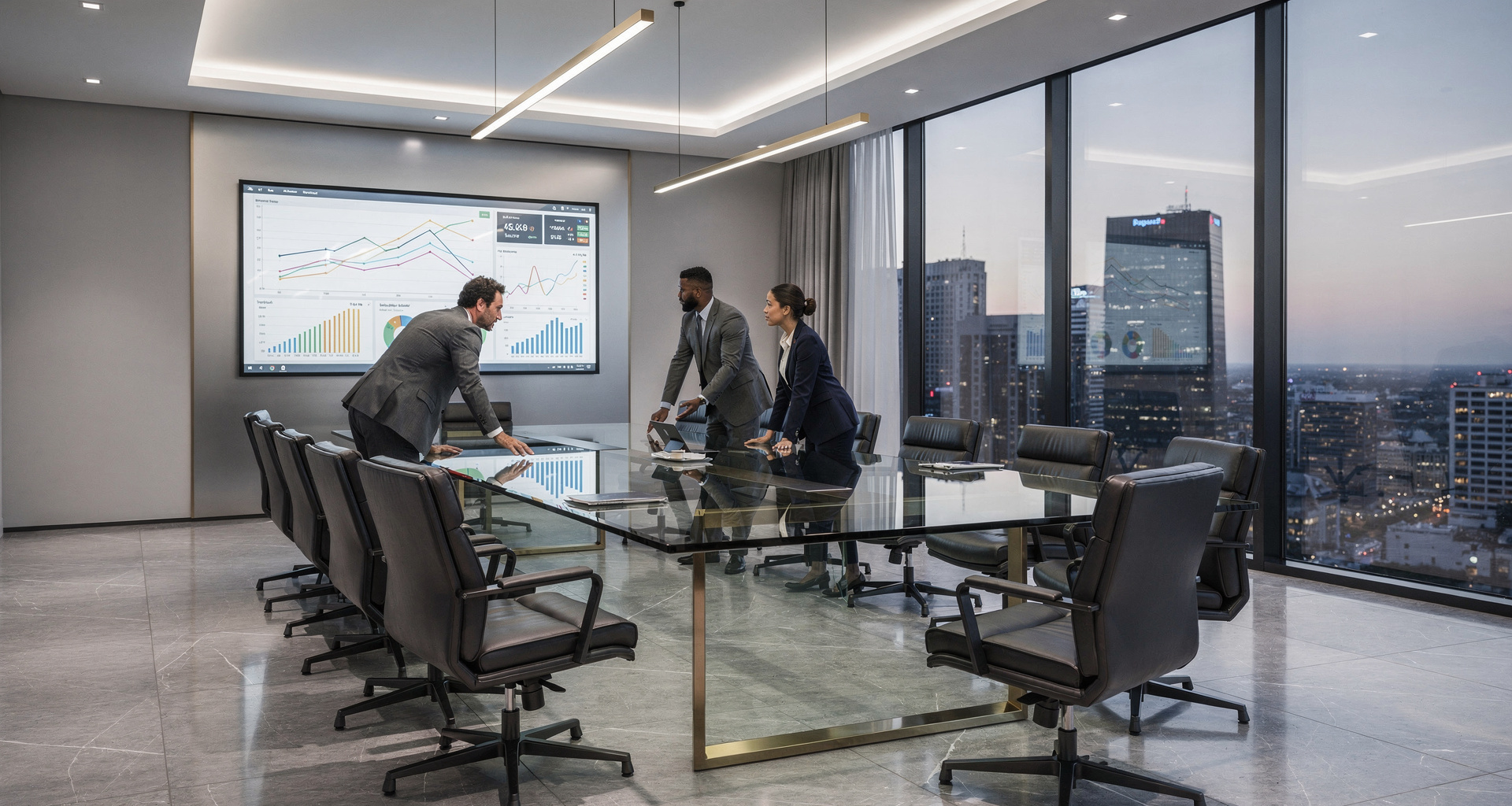 Professional boardroom setting with strategic planning documents and digital displays