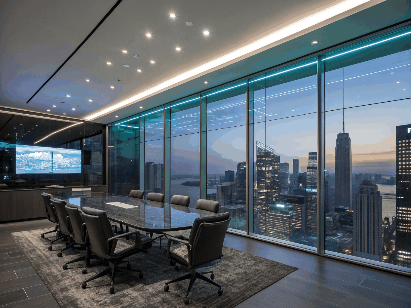 Modern executive boardroom with digital displays